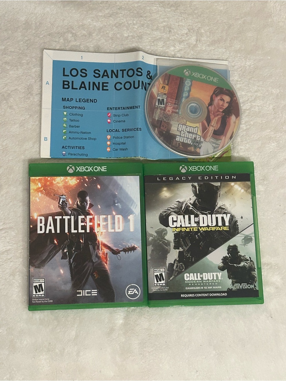 Xbox One 3 Game Lot- GTA 5 V (map only) Battlefield 1 and Call of Duty infinite